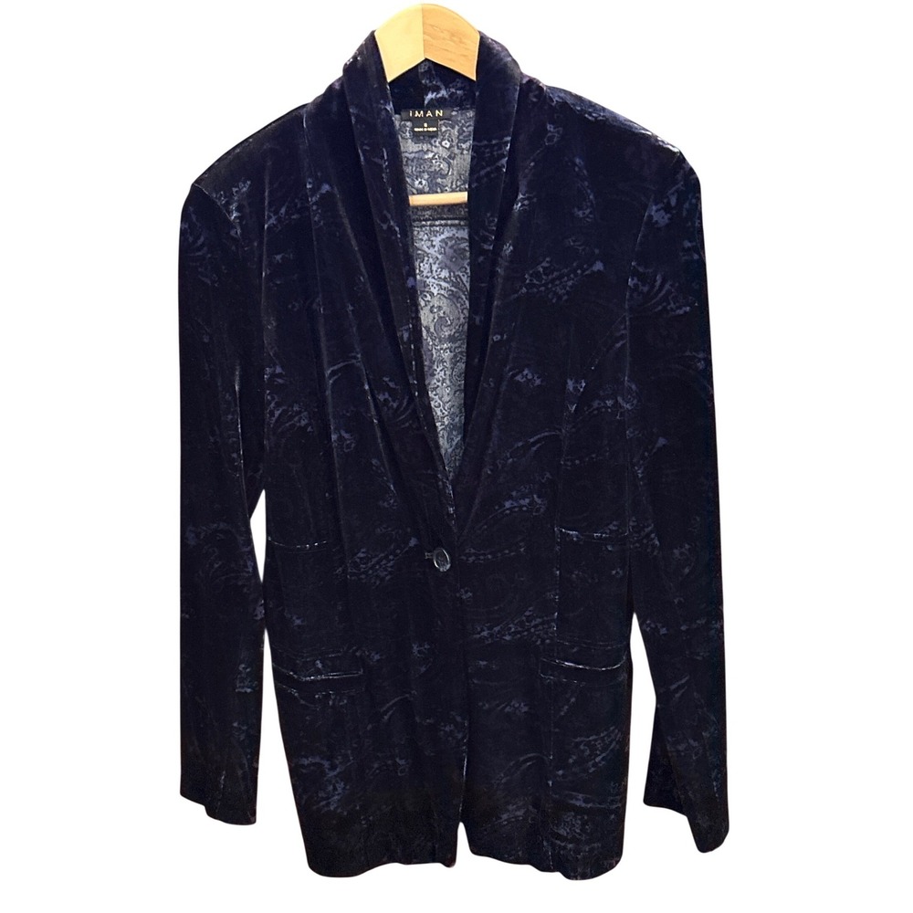 IMAN Velvet Blazer Paisley Burnout Dark Academia Gothic Luxe Navy Blue Holiday